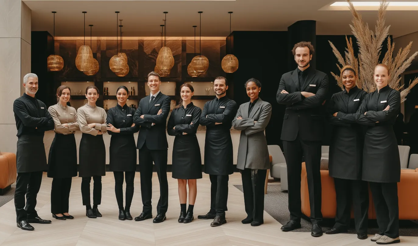 Hotel and restaurant staff in coordinated professional uniforms, front of house service