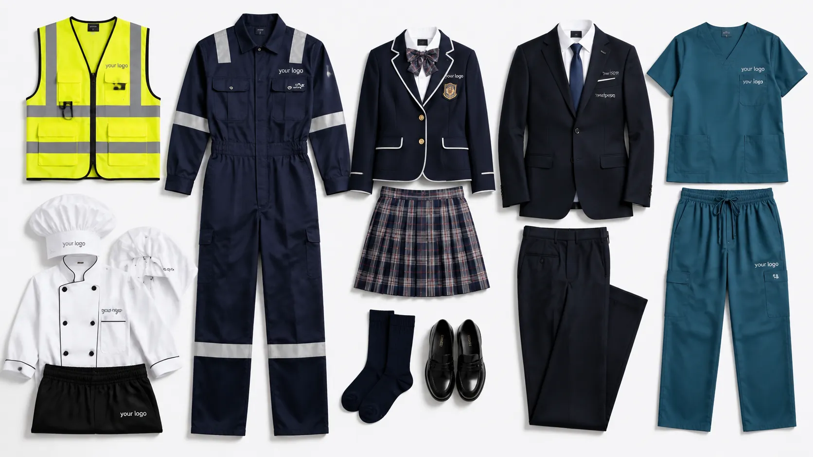 Full white-label uniform program — hi-vis, coveralls, school, corporate, and medical lines, all shipped under the buyer's own brand